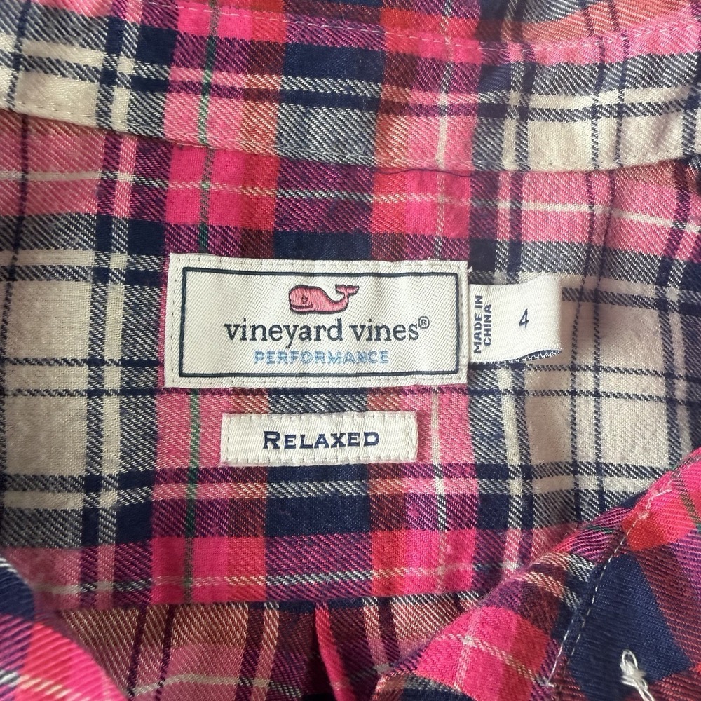VINEYARD VINES Fuchsia Navy Gingham Plaid Cotton Cashmere Flannel Shirt Size 4 - Picture 4 of 9